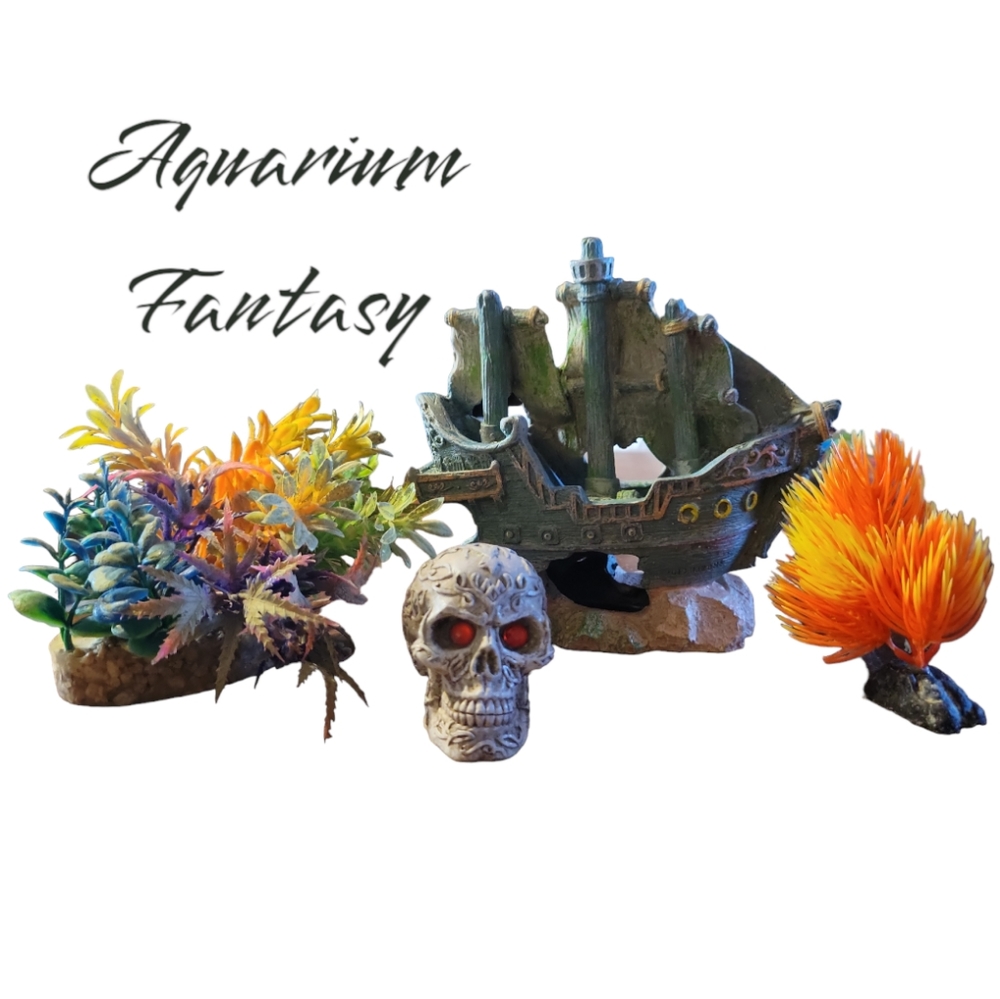Vtg Aquarium Fish Tank Resin Shipwreck Sunken Pirate Treasure Ship Skull Plants